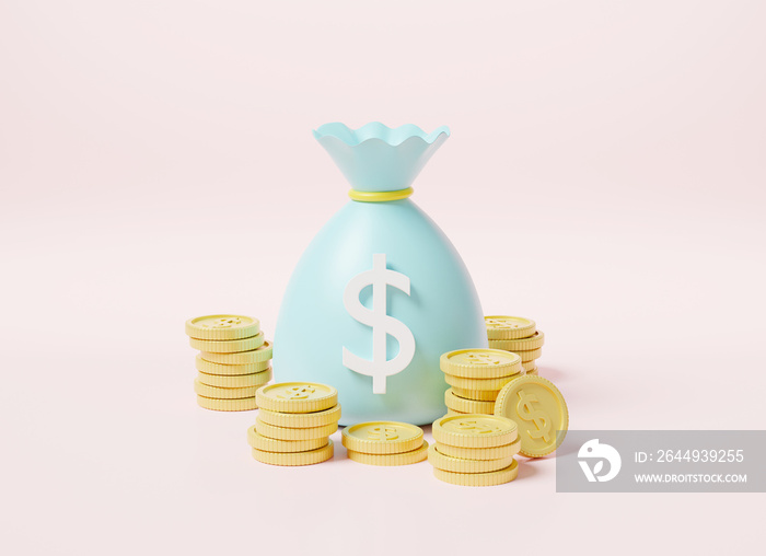 Money bag with stack coins dollar icon, moneybag savings money or cash sack on pink background, finance earnings profit, 3D rendering illustration