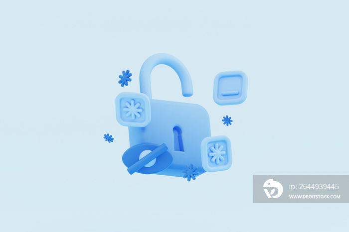 cyber security concept. password protection, lock, show password icon, pin code icon 3d illustration