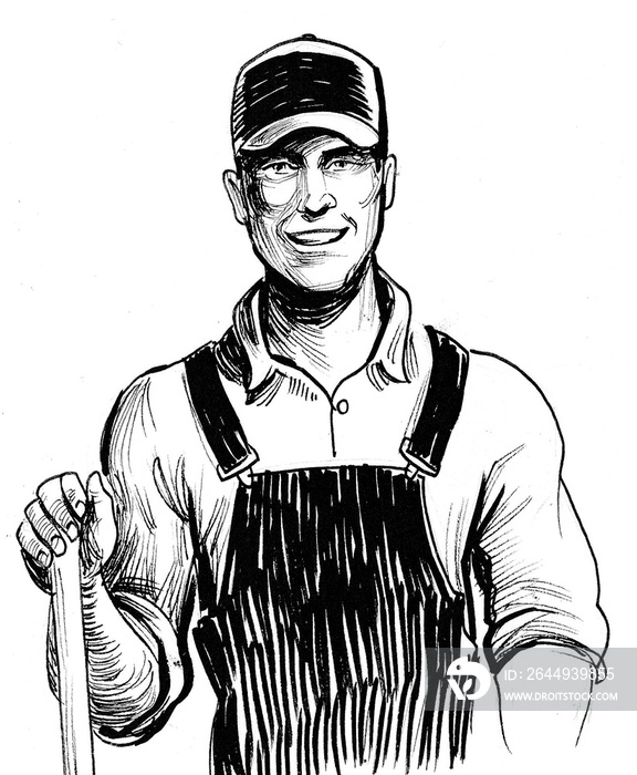 Smiling working farmer. Ink black and white drawing