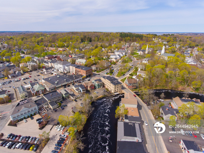 Ipswich Bridge over Ipswich River aerial view on Central Street in spring at town center of Ipswich, Massachusetts MA, USA. 