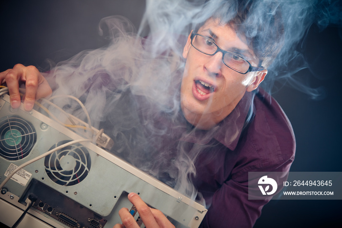 Nerd With Smoke Coming Out Of His Pc