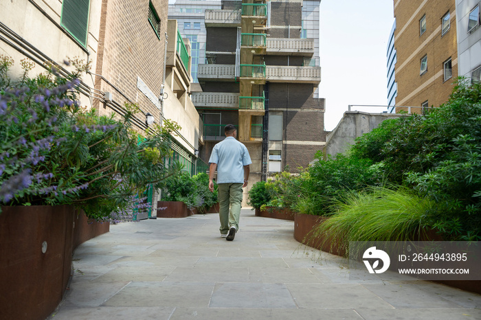 Back view of man walking in residential district