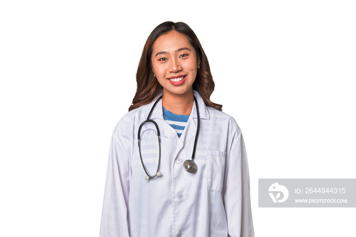 A young asian doctor woman happy, smiling and cheerful.