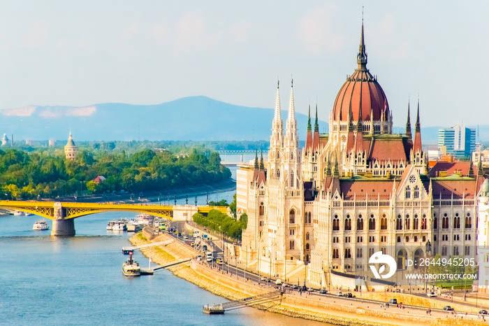 Colorful view of Parliament and Chain Bridge in Budapest city, Splendid spring cityscape of Budapest, Hungary in Europe