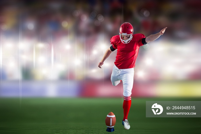 Composite image of american football player kicking football