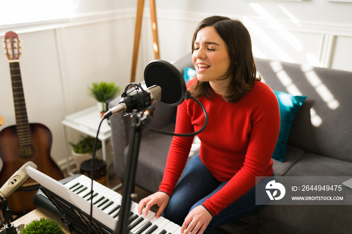 Passionate singer composing a song