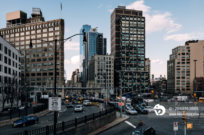 Heavy traffic at rush hour of the entrance of Holland tunnel in Tribeca Lower Manhattan