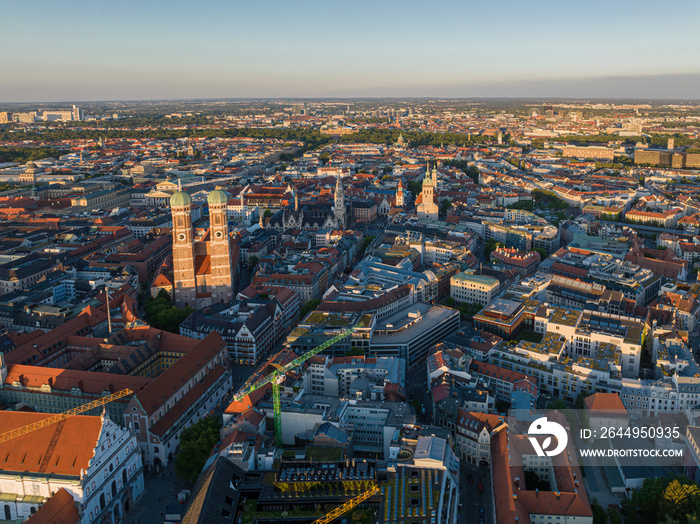 The panorama aerial view of Munchen city centre with Marienplatz and Frauenkirche.