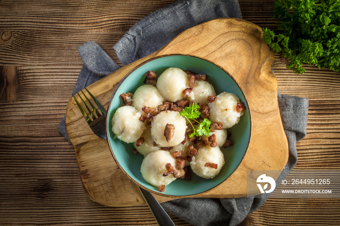 Meat stuffed potato dumplings.