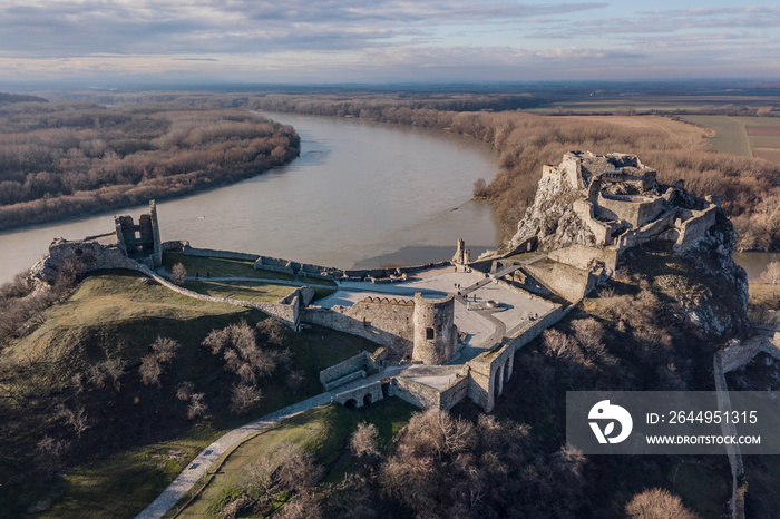 Ruins of Devin Castle in Slovakia. Aerial view