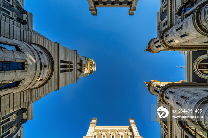 Uprisen angle of Philadelphia city hall with historic building over blue sky background, Pennsylvania, USA or United States of America, Architecture and building, Travel and Tourism concept