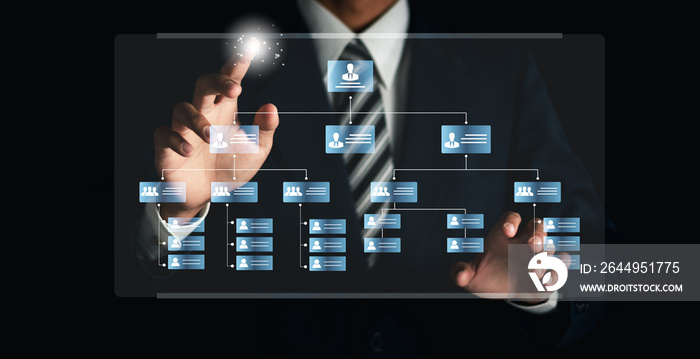 Businessman touching organization chart on virtual interface screen. Business process and workflow automation with flowchart. Hierarchical structure of teams and employees in the company.