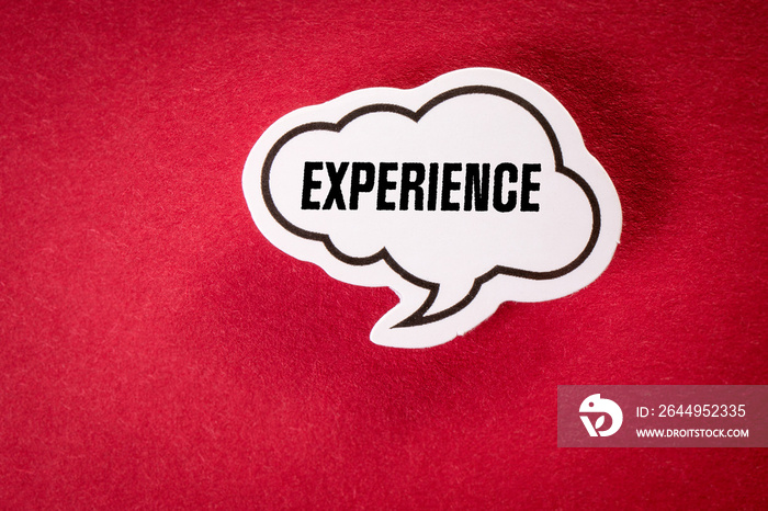 EXPERIENCE. White speech bubble with text on red background