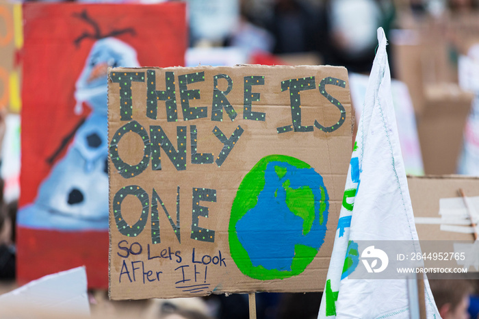 People with banners protest as part of a climate change march