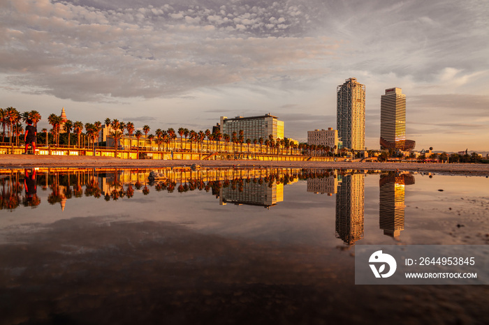 Picture of the Barcelona twin towers situed in front of the beach.