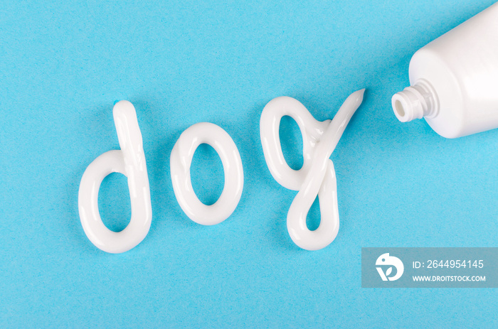 toothpaste for dogs, animal teeth care concept, on blue background