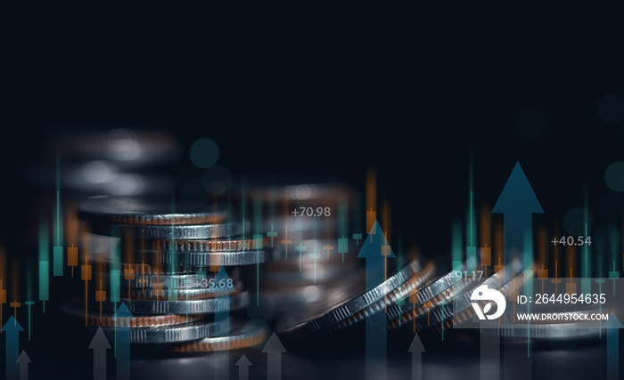 Business finance and investment concept, Capital gain world money economic growth. coin stack financial graph chart, market report on cash currency concept.