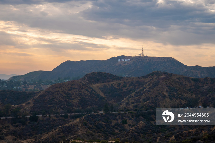 Beautiful view of the hills of Hollywood in the summer at sunset