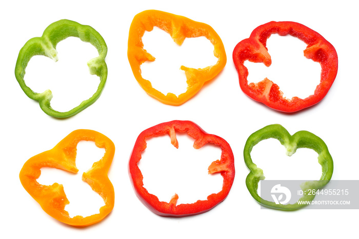 sliced sweet bell pepper isolated on white background. top view