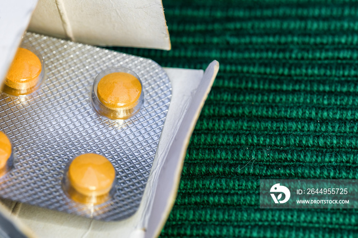 Packaging of tablets  on the table. Medicine. Close up photo