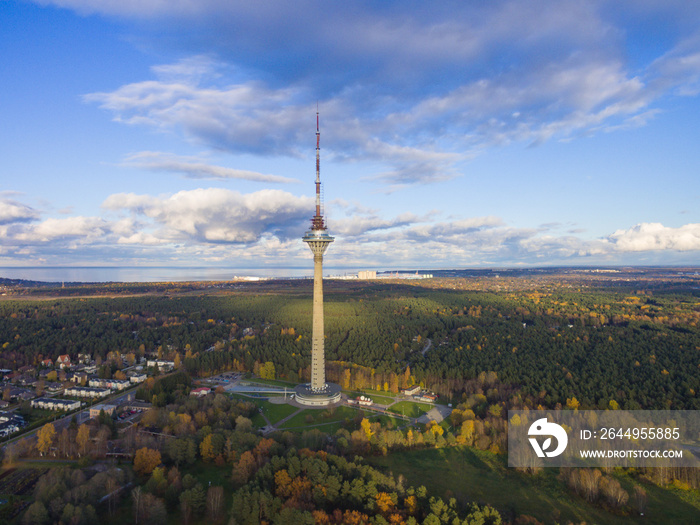 Aerial shot of the Tallinn TV Tower at autumn