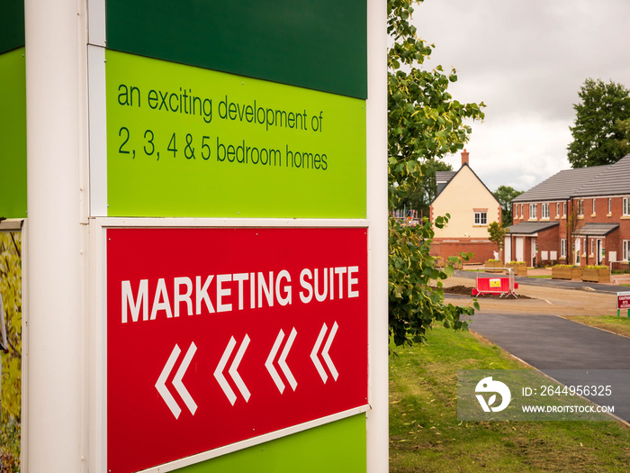 marketing suite showroom sign over new build housing estate