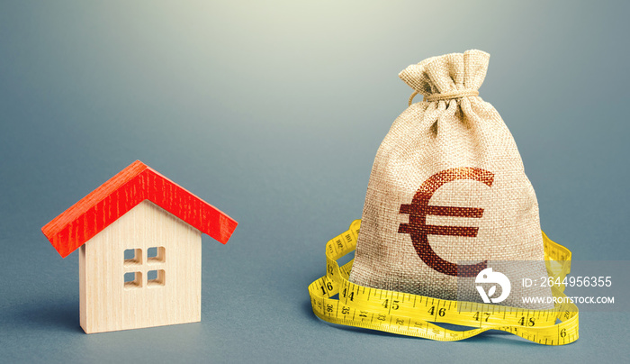 House and a euro money bag. Property real estate valuation. Buying and selling, fair price. Building maintenance. Mortgage loan. Calculation of expenses for purchase, construction and repair.