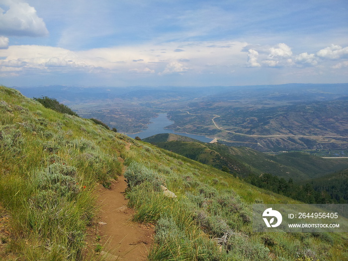 A view of Jordanelle reservoir from a hiking trail at Deer Valley Resort near Park City, Utah.