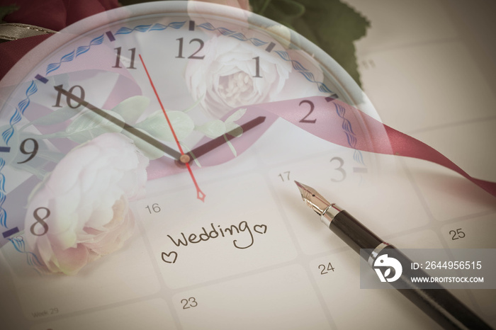 Time for Reminder Wedding day in calendar planning and fountain pen with color tone.