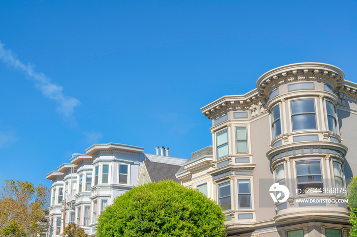 Residential buildings exterior with trees at the front against the clear sky