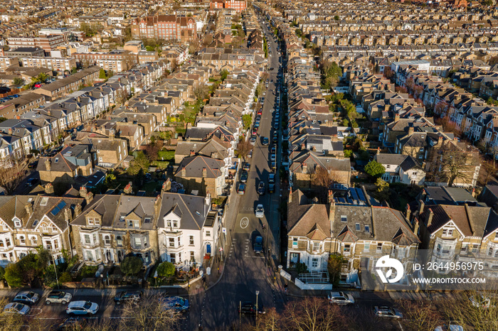 London- aerial view of terraced house rooftops  in south west London