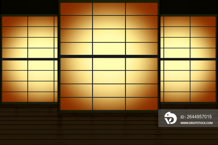 3d rendering. modern Japanese style sliding paper door with gradient candle light wall background.