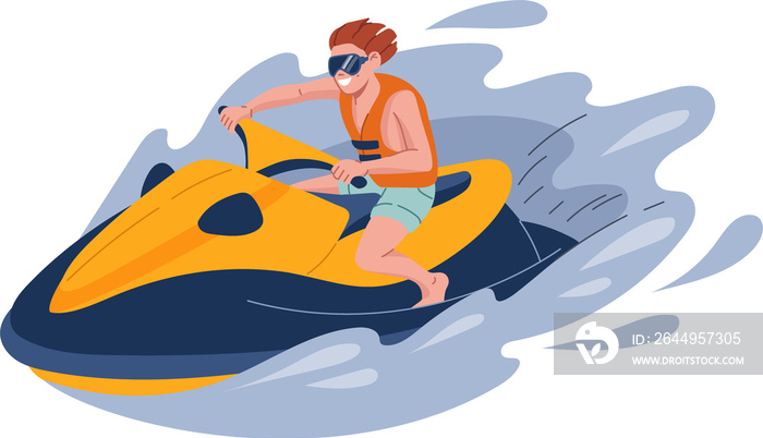 Cheerful man, tourist in life vest rides a jet ski