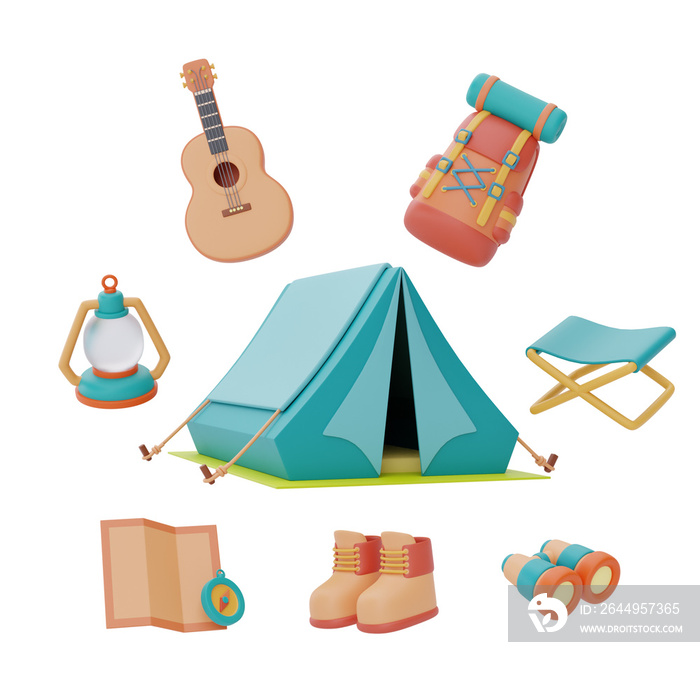 camping tent with camping equipment,backpack,guitar,folding camping chair,lantern,hiking shoes,map and compass,summer camp concept,3d rendering.