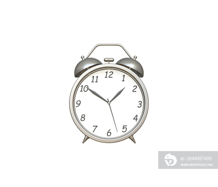 Old table clock 3d icon. 2 Realistic alarm clock. Classic Silver color Table clock with timer. Morning Time management vintage instrument. Two Retro alarm clock front view. In transparent png