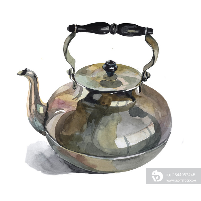 Old metal teapot watercolor painting isoalted on white background illustration for all prints. Dishes pattern.