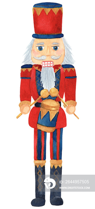 Watercolor hand drawn Nutcracker. German christmas wooden toy