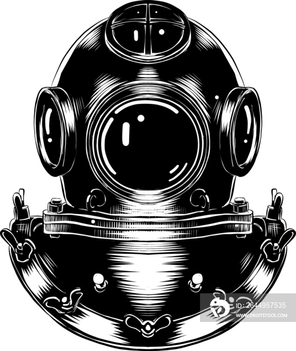 PNG engraved style illustration for posters, decoration and print. Hand drawn sketch of diving helmet in monochrome isolated on white background. Detailed vintage woodcut style drawing.