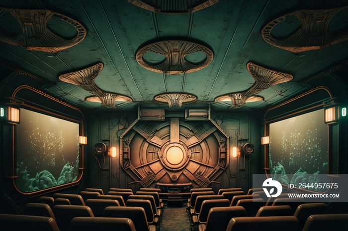 Dark futuristic sci-fi cinema theater screening room with art deco style ceiling and biomechanical wall texture illustration