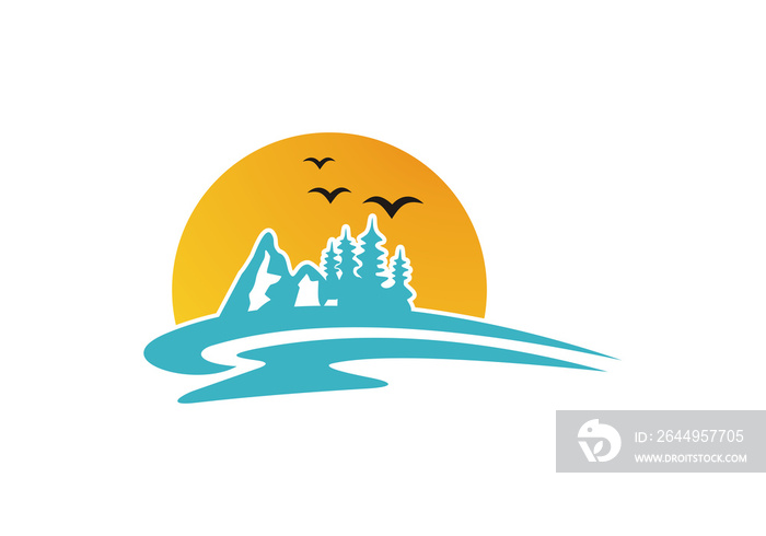 mountain tree water wave logo initial company icon business background symbol illustration