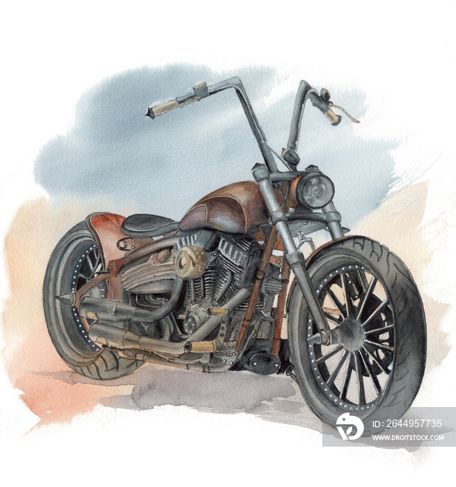 Watercolor illustration of a custom motorcycle on a sepia background with it’s shadow