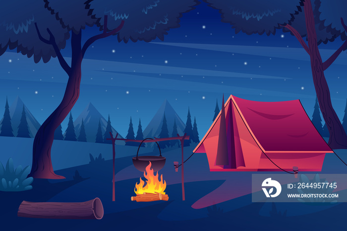 Trekking with tent in forest concept in flat cartoon design. Night scene in woods, starry sky, campground and fireplace, mountains on horizon. Summer hiking outdoors. Illustration background