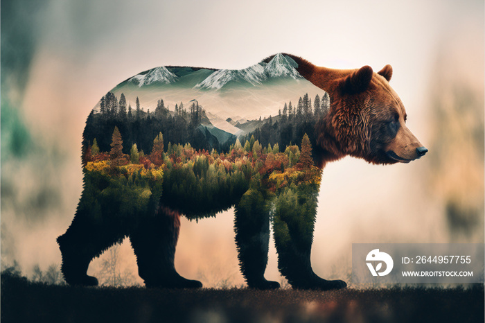 Double exposure of a wild brown bear and a pine forest