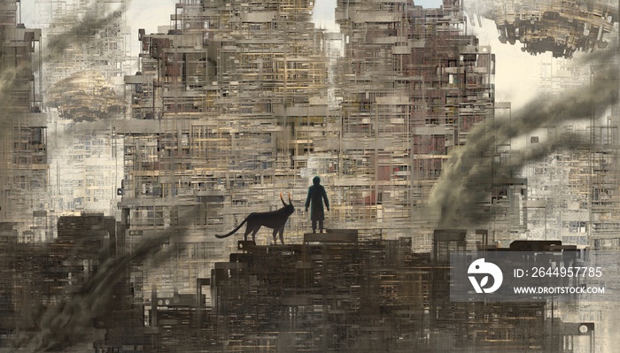 Man with monster dog in futuristic city, panorama, ufo,