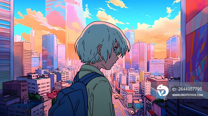 Futuristic Anime Girl in an Asian Metropolis