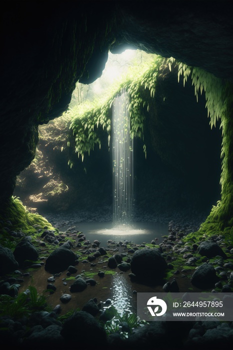 A deadly huge and endless waterfall in a lush cavern, pretty, lush, rainforest.