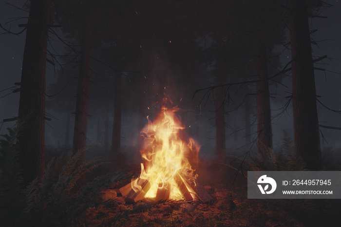 3d rendering of big bonfire with sparks in the forest at foggy night