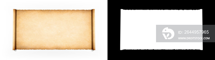 Antique parchment scroll with worn edges isolated with clipping path and alpha channel