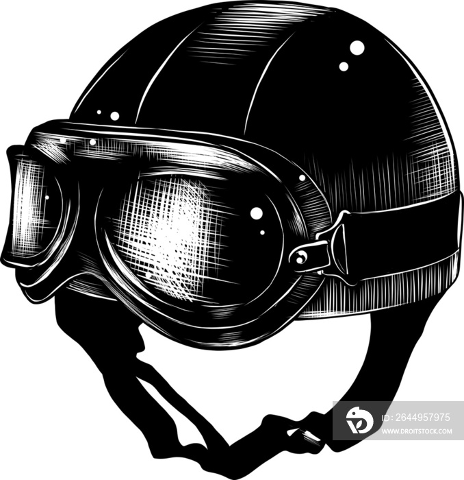 PNG engraved style illustration for posters, decoration and print. Hand drawn sketch of motorcyrcle helmet in monochrome isolated on white background. Detailed vintage woodcut style drawing.