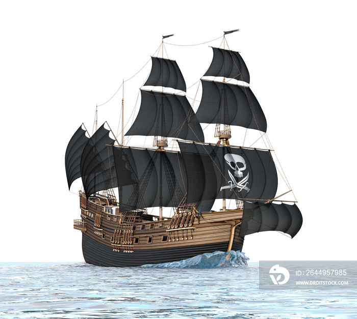 Old sailing pirate ship with black sails and a skull with daggers. 3d illustration